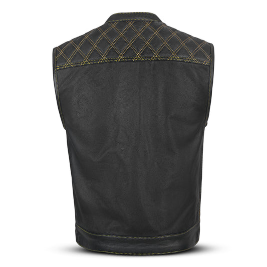 Gold Diamond Stitch Men's Motorcycle Leather Vest with Bandana Liner MC20111