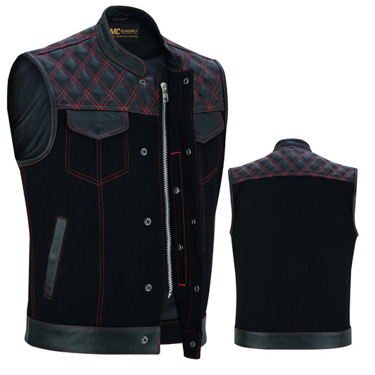 Chaleco combinado de cuero perforado/mezclilla para hombre Negro - Gris ceniza MC20124