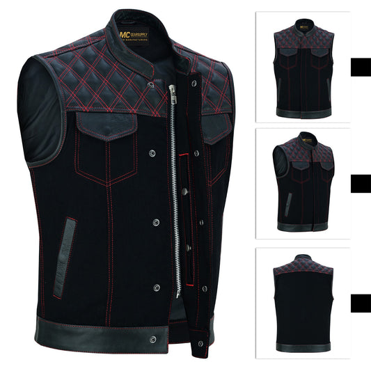 Chaleco combinado de cuero perforado/mezclilla para hombre Negro - Gris ceniza MC20124