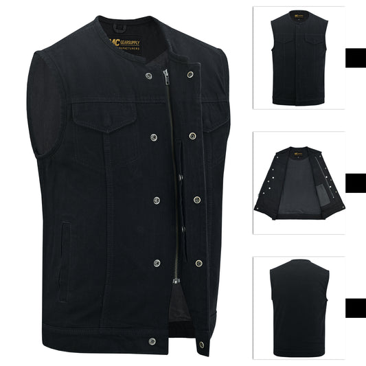 Chaleco de ocultación de panel único de mezclilla negro para hombre con ribete de cuero MC20119