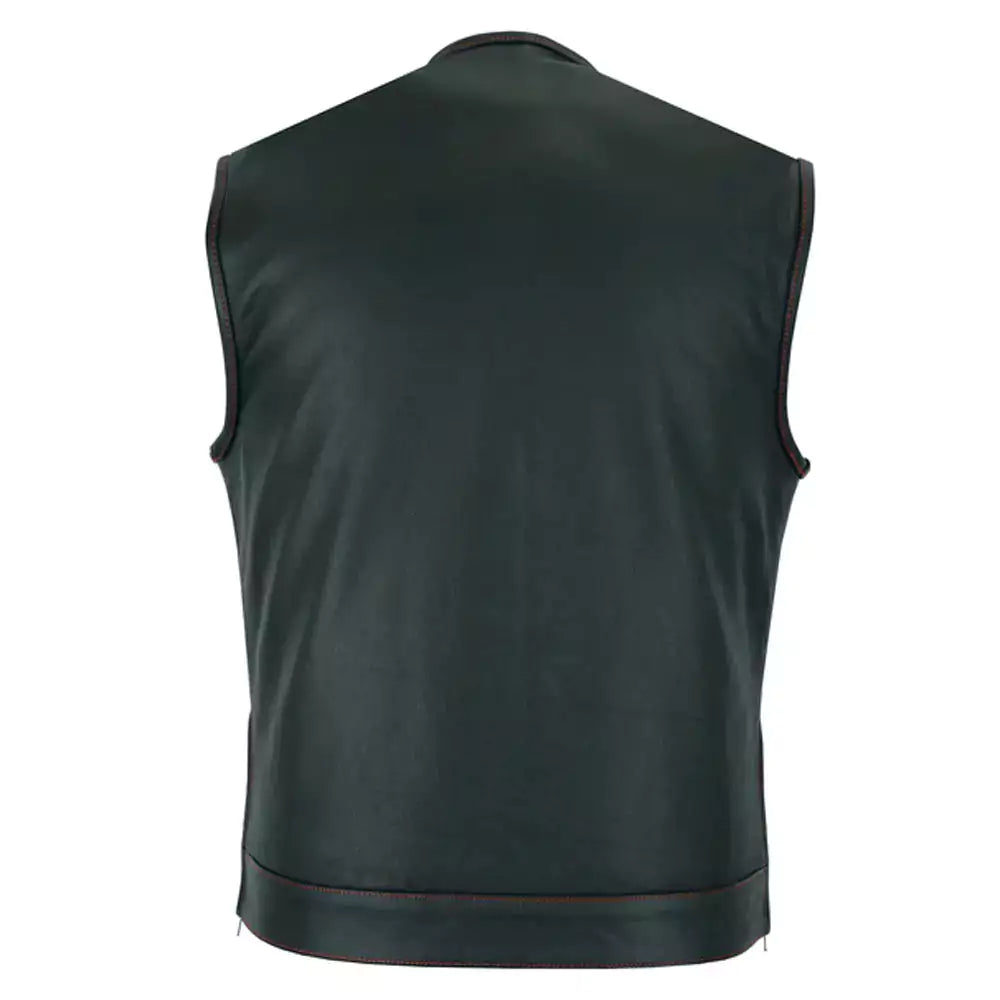 men leather vest with red stitching and usa inside flag lining