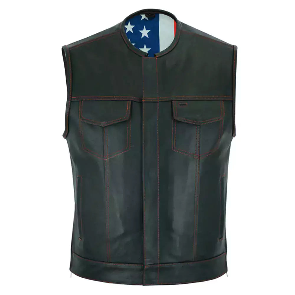 men leather vest with red stitching and usa inside flag lining