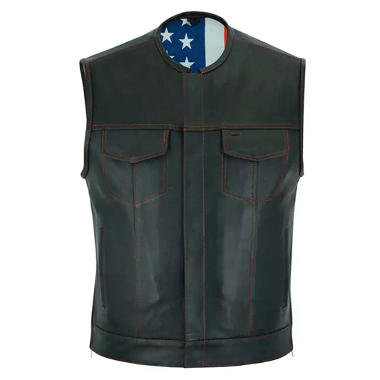 men leather vest with red stitching and usa inside flag lining