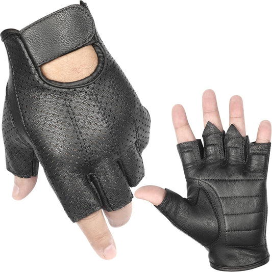 Black Leather Fingerless Motorcycle Gloves with Breathable Perforated Design and Padded Palm Protection MC60302