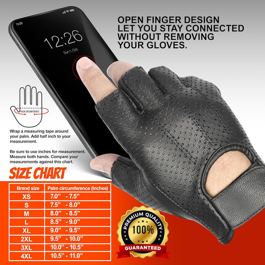 Black Leather Fingerless Motorcycle Gloves with Breathable Perforated Design and Padded Palm Protection MC60302