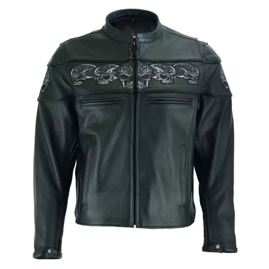 Leather Motorcycle Jacket with Reflective Skulls MC10111