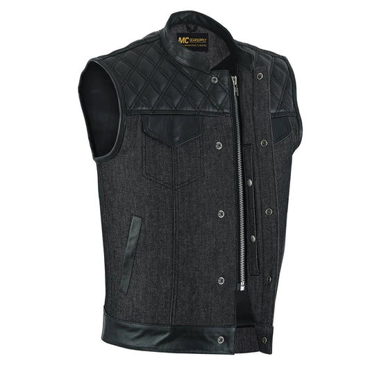 Durable Black Leather and Fabric Motorcycle Vest for Men - Riding Club Style with Quilted Accents MC20310