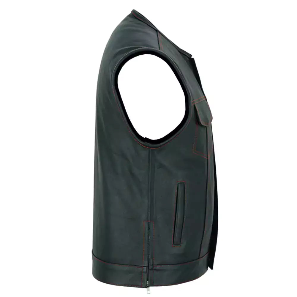 men leather vest with red stitching and usa inside flag lining