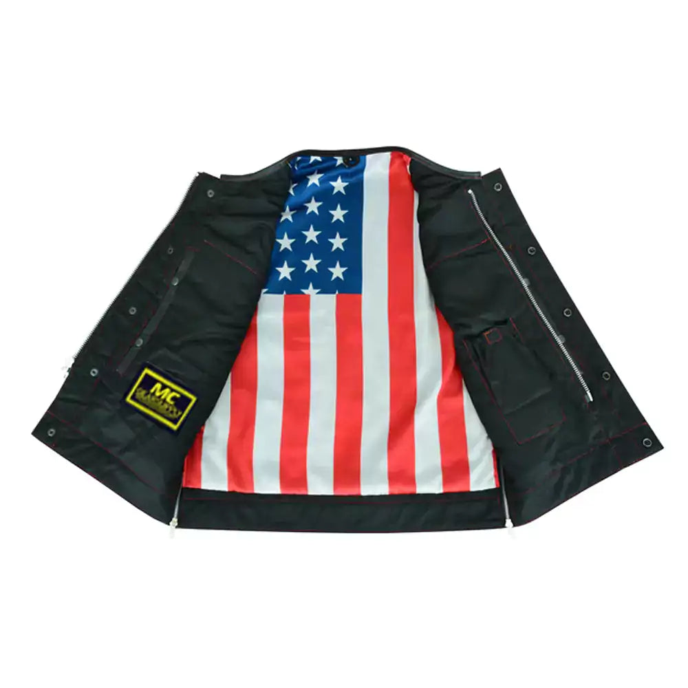 men leather vest with red stitching and usa inside flag lining