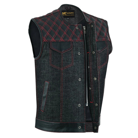 MC Gear Supply Black Denim and Leather Biker Vest Mens Motorcycle Club Waistcoat Red Stitching Quilted MC20306