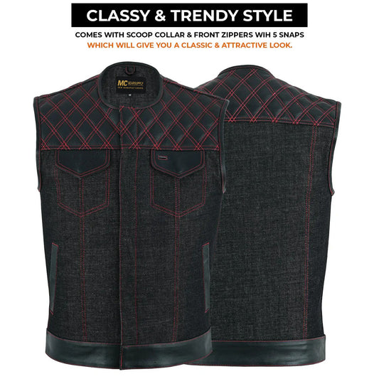 MC Gear Supply Black Denim and Leather Biker Vest Mens Motorcycle Club Waistcoat Red Stitching Quilted MC20306