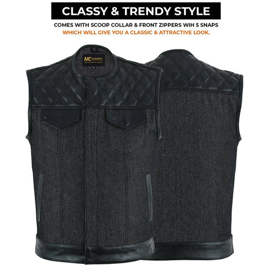 MC Gear Supply Mens Black Denim & Leather Biker Vest Black Stitching Quilted Yoke Motorcycle Club Style Waistcoat MC20305