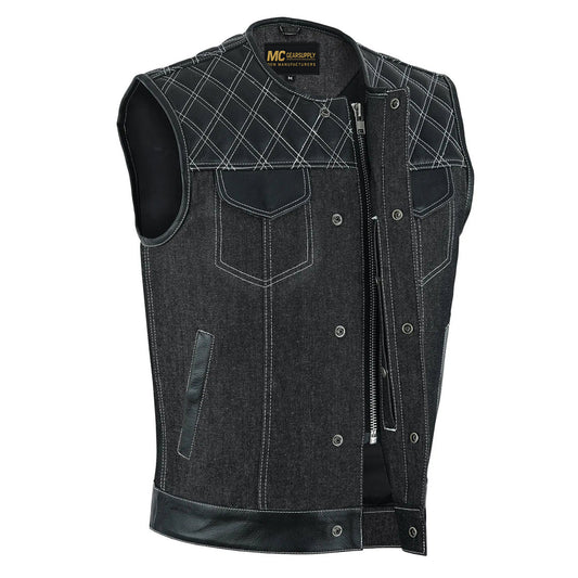 MC Gear supply Mens Black Denim Leather Motorcycle Biker Vest with White Stitching and Quilted Yoke - Sleeveless Club Waistcoat MC20307