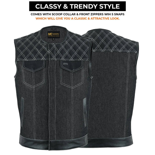MC Gear supply Mens Black Denim Leather Motorcycle Biker Vest with White Stitching and Quilted Yoke - Sleeveless Club Waistcoat MC20307