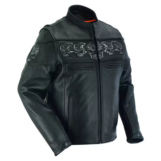 Leather Motorcycle Jacket with Reflective Skulls MC10111