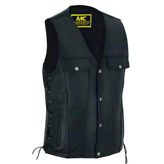 MC20103 CHALECO DE PIEL NEGRO PARA HOMBRE CON CORDONES LATERALES Y BOLSILLOS PARA PISTOLAS