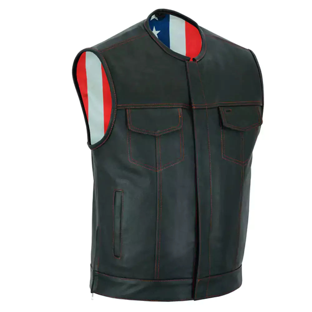 men leather vest with red stitching and usa inside flag lining