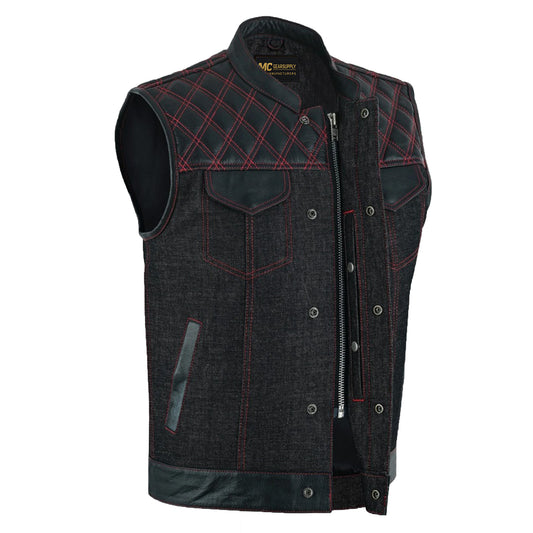 Men’s SOA Club Style Vest – Denim Leather Combo Band Collar Gun Pockets MC20311