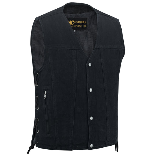 Men's Classic Black Denim Motorcycle Vest with Side Laces MC20302