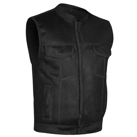 Men's Black Motorcycle Mesh Vest with Zipper Front and Multi-Pocket Design MC20204