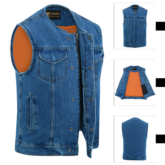 Chaleco vaquero con acabado crudo y desgastado áspero para hombre con ribete de cuero - Cuello redondo MC20118