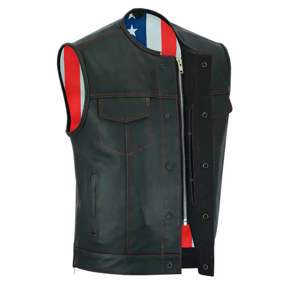 men leather vest with red stitching and usa inside flag lining
