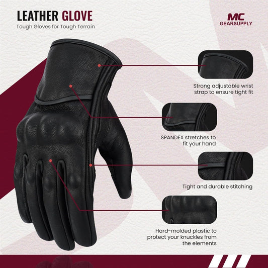 Premium Black Leather Full-Finger Motorcycle & Driving Gloves with Knuckle Protection MC60121