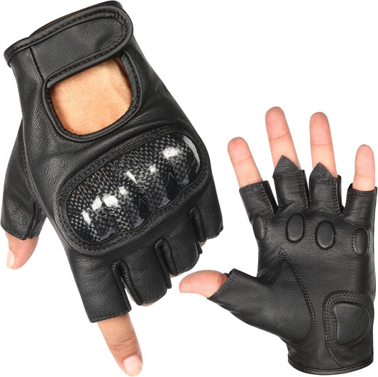 Rothco Men's Leather Motorcycle Fingerless Carbon Hard Knuckle Gloves - Black MC60301