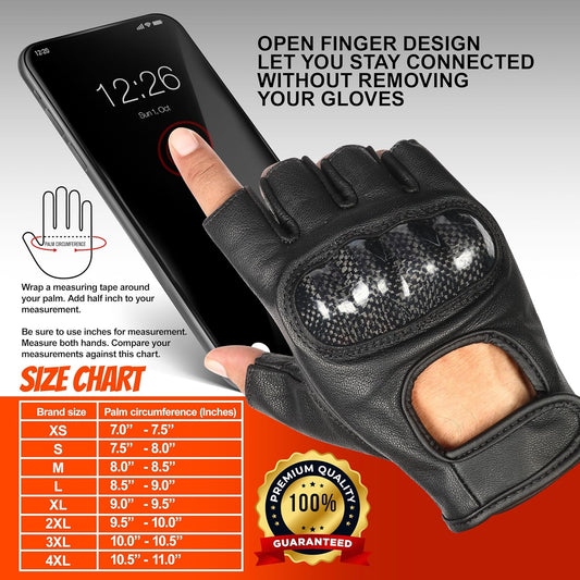 Rothco Men's Leather Motorcycle Fingerless Carbon Hard Knuckle Gloves - Black MC60301