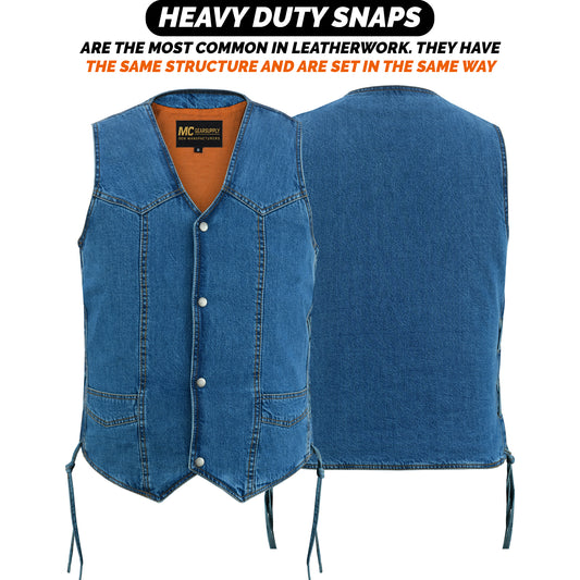 Men's Blue Denim Motorcycle Vest with Side Lacing and Concealed Carry Pockets MC20301