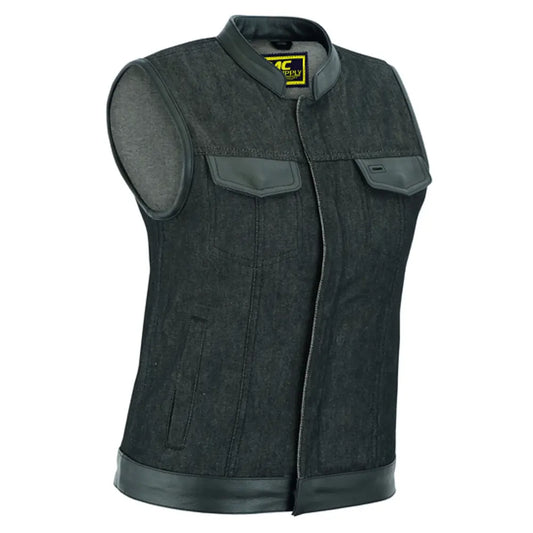 MC40201 WOMEN’S ROUGH RUB OFF RAW FINISH DENIM VEST WITH LEATHER TRIM