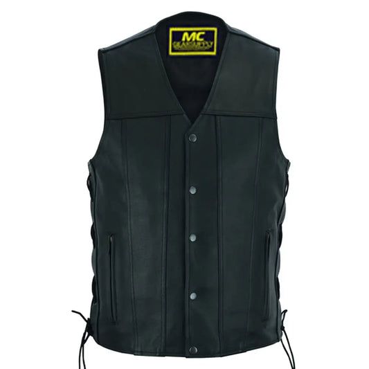 MC20102 CHALECO DE CUERO DE MOTORISTA CON FONDO CÓNICO CLÁSICO ALTO PARA HOMBRE ALTO