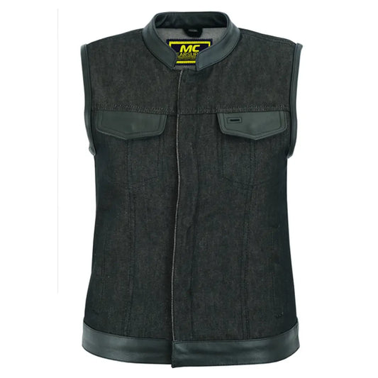 MC40201 WOMEN’S ROUGH RUB OFF RAW FINISH DENIM VEST WITH LEATHER TRIM