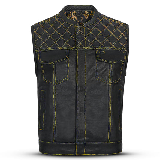 Red Diamond Stitch Men's Motorcycle Leather Vest with Bandana Liner MC20111