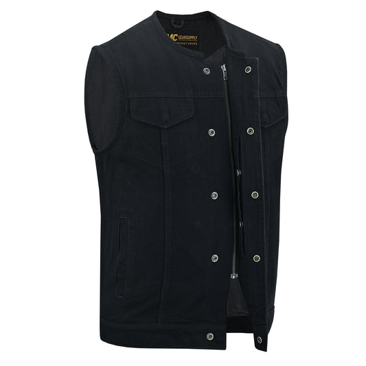 Mens SOA Black Denim Motorcycle Vest Collarless Club Style Conceal Carry MC20304