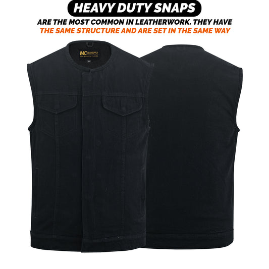 Chaleco de ocultación de panel único de mezclilla negro para hombre con ribete de cuero MC20119