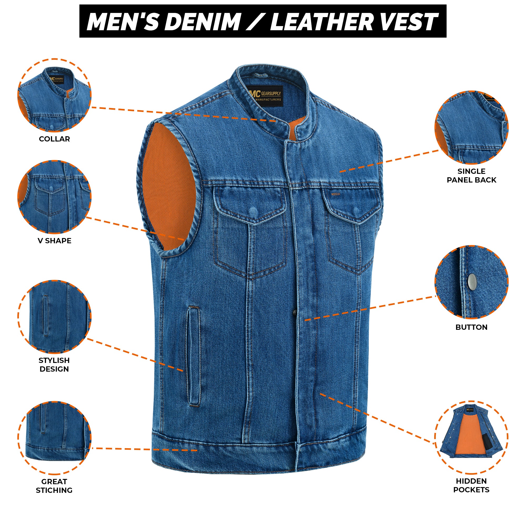 Concealed Snaps, Blue Jeans Vest, Hidden Zipper | Mc Gear Supply