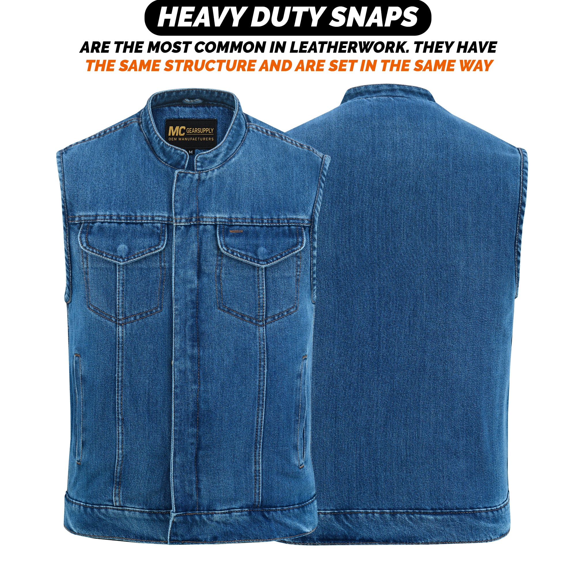 Concealed Snaps, Blue Jeans Vest, Hidden Zipper | Mc Gear Supply