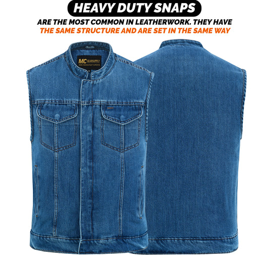 Blue Denim Biker Vest for Men Club Style Motorcycle with Collar & Conceal Carry MC20205