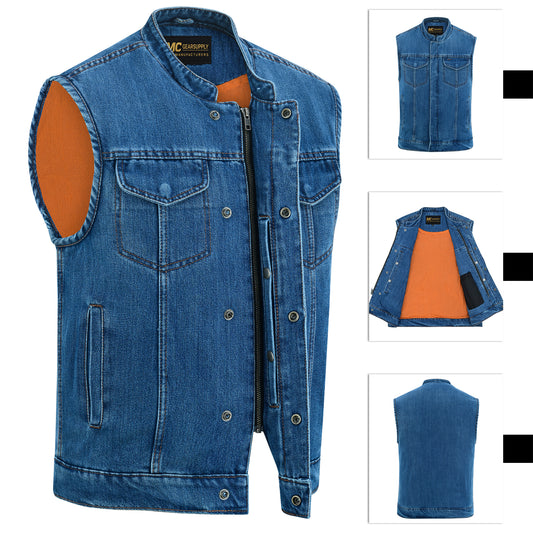 Blue Denim Biker Vest for Men Club Style Motorcycle with Collar & Conceal Carry MC20205