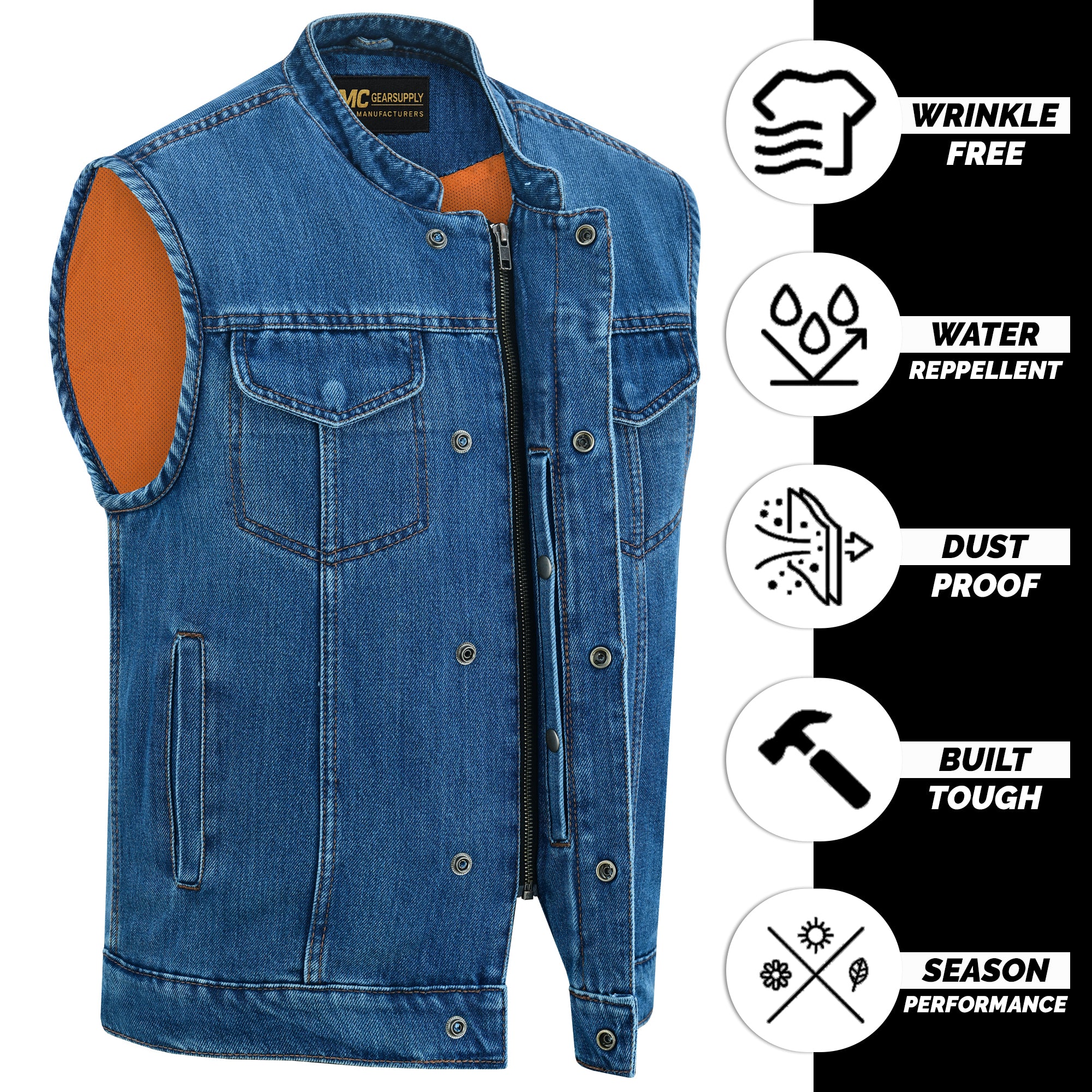 Concealed Snaps, Blue Jeans Vest, Hidden Zipper | Mc Gear Supply