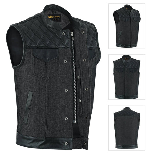 Chaleco combinado de mezclilla de cuero para hombre Negro-azul roto MC20125