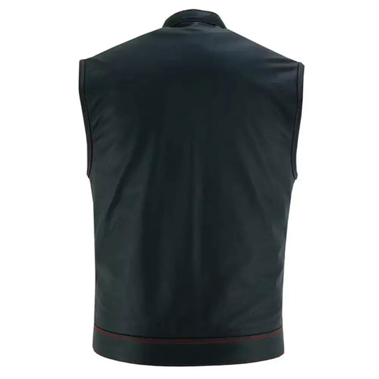 MC20132 MEN’S LEATHER VEST WITH RED STITCHING AND USA INSIDE FLAG LINING WITH SCOO