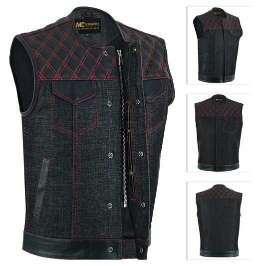 Chaleco de ocultación de panel único de mezclilla negra para hombre con ribete de cuero, sin cuello MC20128