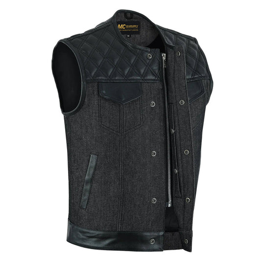 MC Gear Supply Mens Black Denim & Leather Biker Vest Black Stitching Quilted Yoke Motorcycle Club Style Waistcoat MC20305