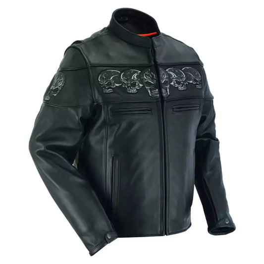 Leather Motorcycle Jacket with Reflective Skulls MC10114