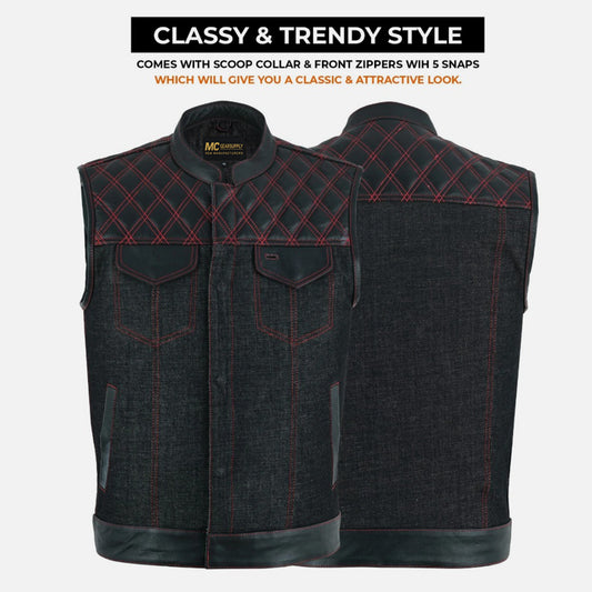 Men’s SOA Club Style Vest – Denim Leather Combo Band Collar Gun Pockets MC20311