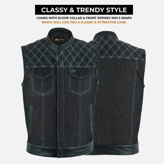 Men’s SOA Club Style Vest – Denim Leather Combo White Stitched Band Collar Gun Pockets MC20312