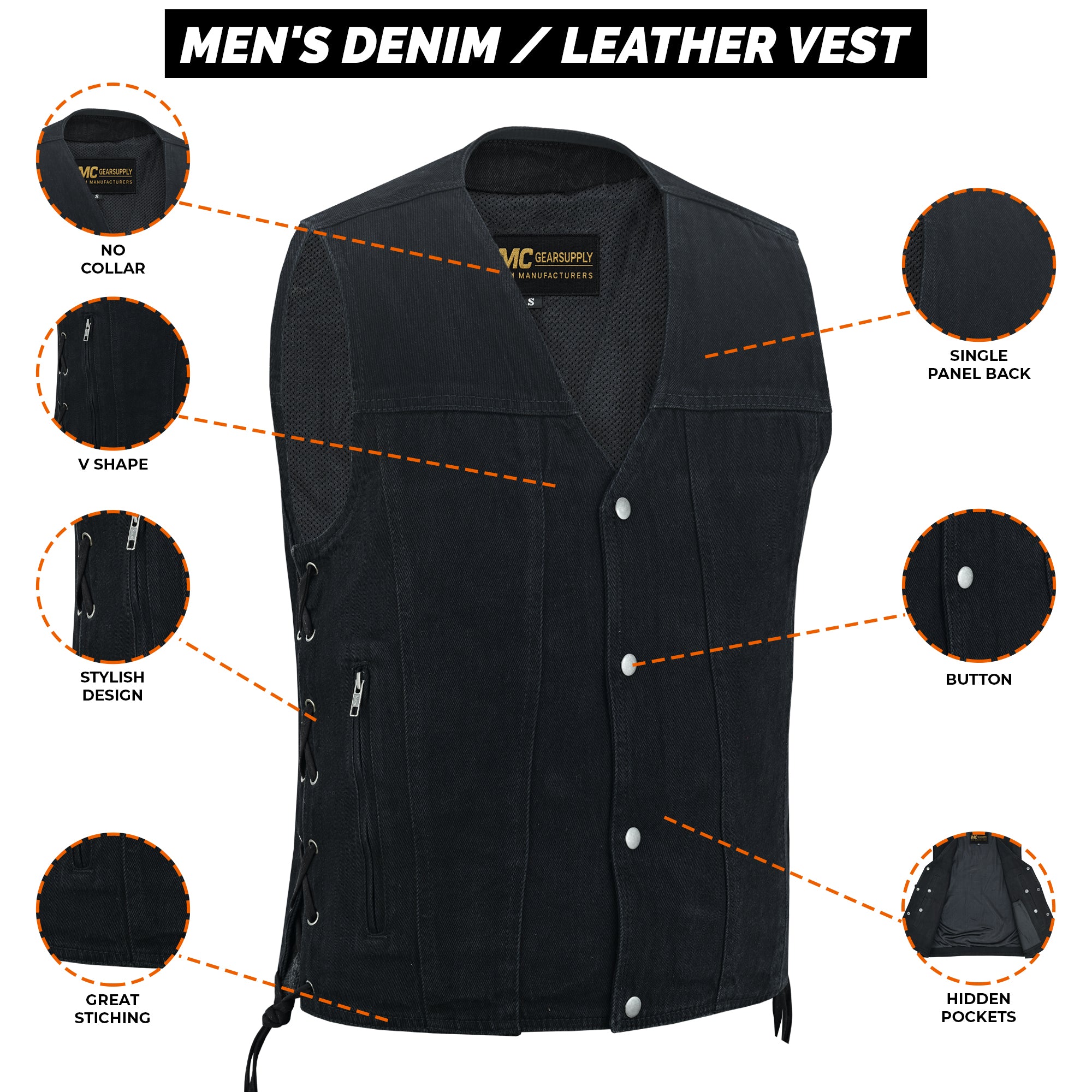 Men's Classic Black Denim Motorcycle Vest with Side Laces MC20302