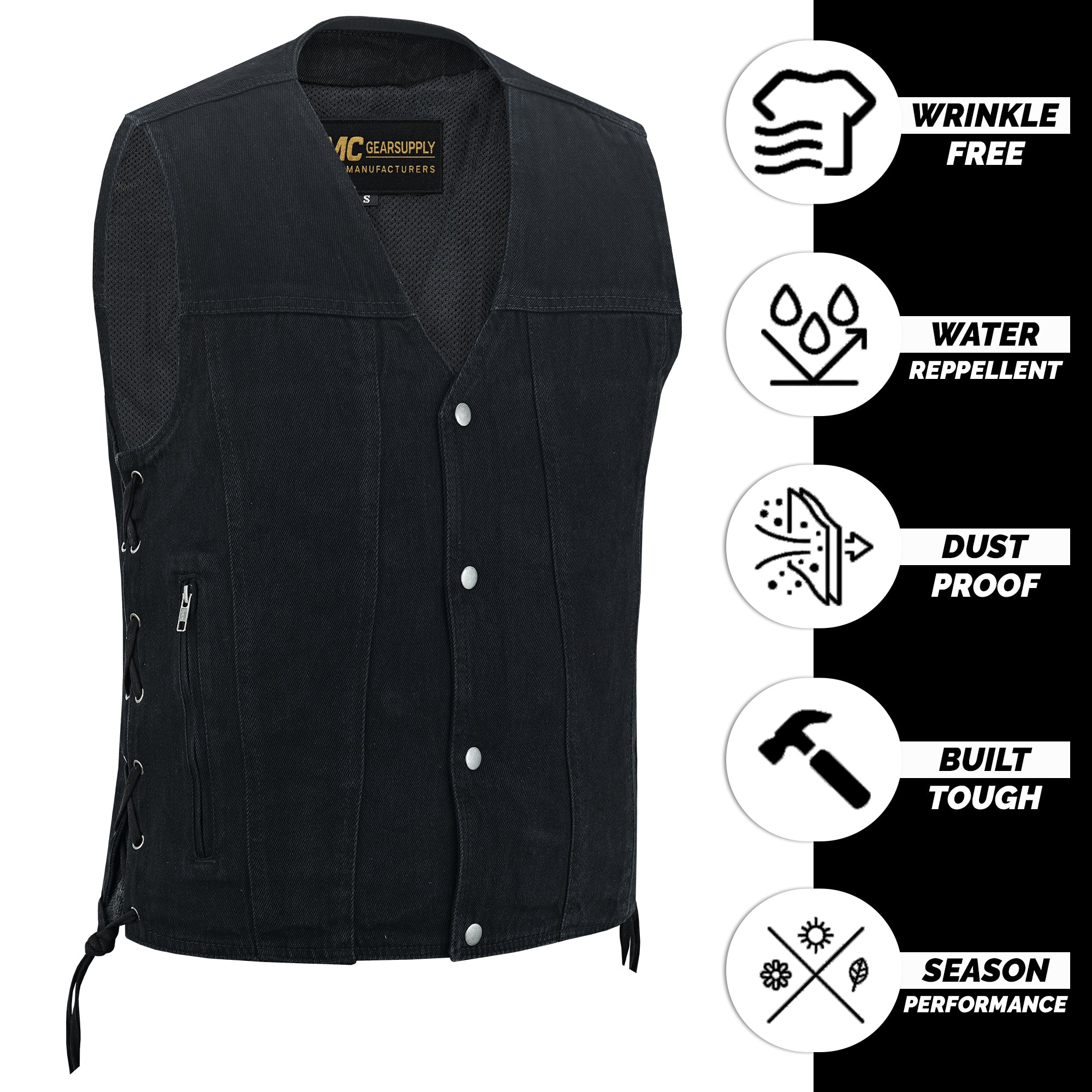 Men's Classic Black Denim Motorcycle Vest with Side Laces MC20302